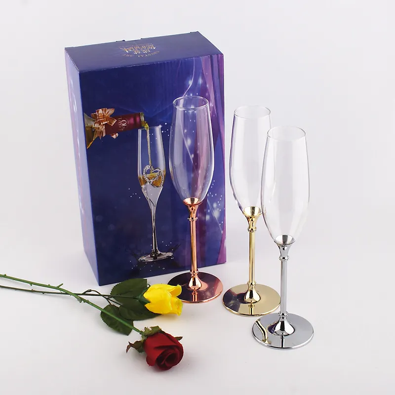 Luxury Metal Base Crystal Glass Champagne Flutes Set Rhinestone Decor Wedding Wine Glasses Gift For Party Anniversary Banquet