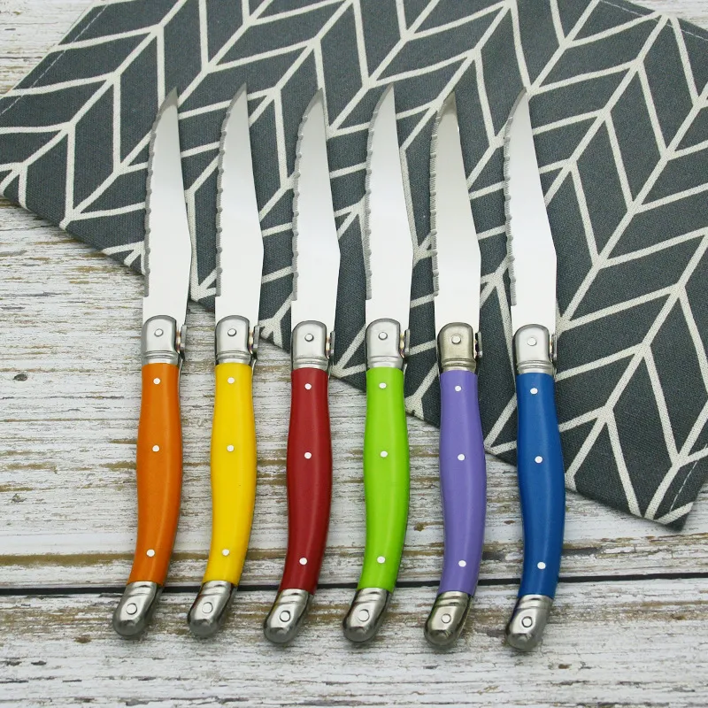 Stainless Steel Steak Knives Set With Colorful Handles Serrated Blades Bee Decoration Mirror Polished Tableware For Kitchen Restaurant Dining