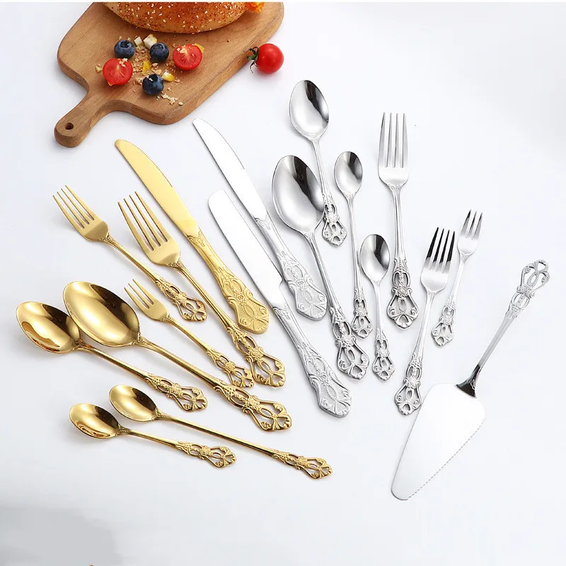 Juego de Cubertería Real en Relieve Hueco Oro Plata Cuchillo para Pastel Pala Cuchillo de Carne Tenedor Cuchara Acero Inox Retro