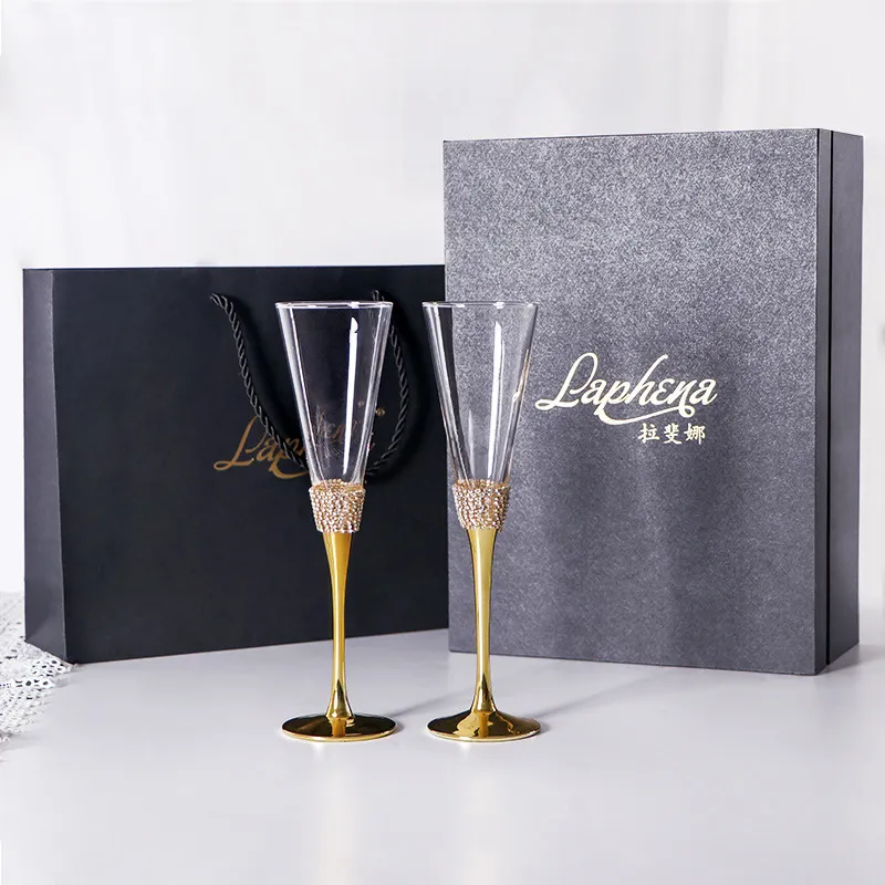 Luxury Champagne Flute Set Lead-Free Crystal Glass Slant Mouth Wine Glasses With Rhinestone Stem Electroplated Metal Drinkware For Wedding Party Home Gift