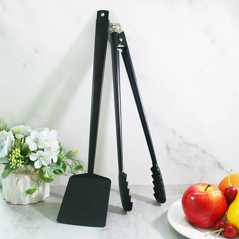 Non-stick Black Stainless Steel BBQ Tool Set 2 Pieces Long Handle Spatula And Tongs For Outdoor Grilling Kitchen Accessories