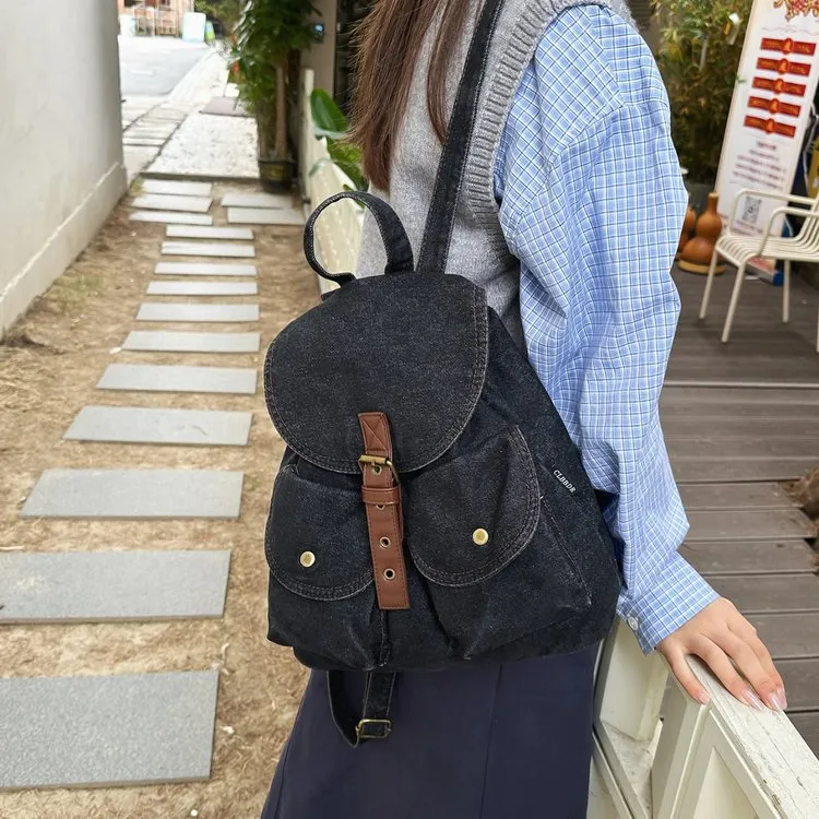Vintage Denim Backpack Large Capacity Washed Canvas School Bag For Women Men Casual Travel Flap Drawstring Rucksack