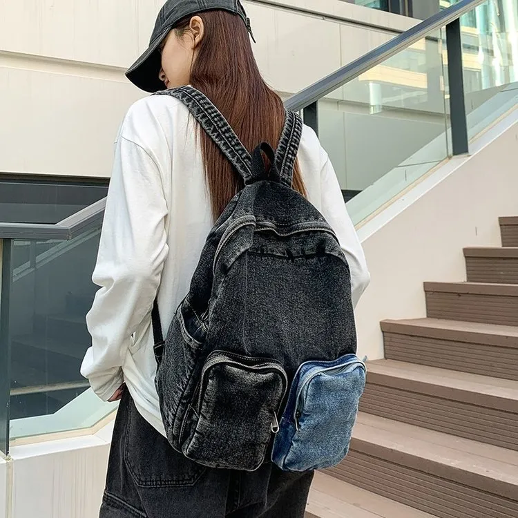 Fashion Denim Backpack For Women Large Capacity Colorblock Gradient Wash Denim Travel Backpack Casual School Student Bag