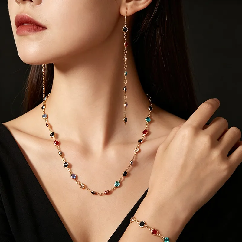 Bohemian Alloy Rhinestone Jewelry Set For Women Multicolor Heart Pendant Necklace Long Drop Earrings Wave Chain Bracelet