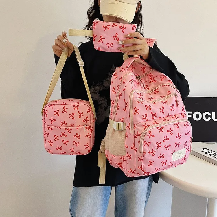 Nylon Backpack Set Printed Bowknot School Backpack Large Capacity Shoulder Bag With Small Clutch For University Travel Women