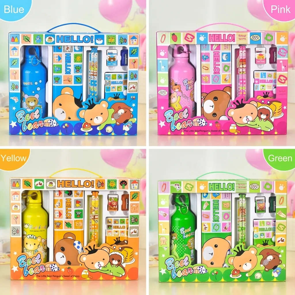 Kinder Cartoon Bär Schreibwaren Set Geschenkbox Wasserflasche Blechdose Bleistift Lineal Radiergummi Anspitzer Notizbuch Schulbedarf