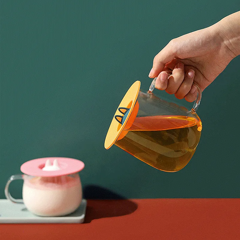 Universal Round Leak-Proof Food Grade Silicone Cup Lid Creative Cartoon Cat Ear Dustproof Cover For Mugs Glass Cups Home Kitchen