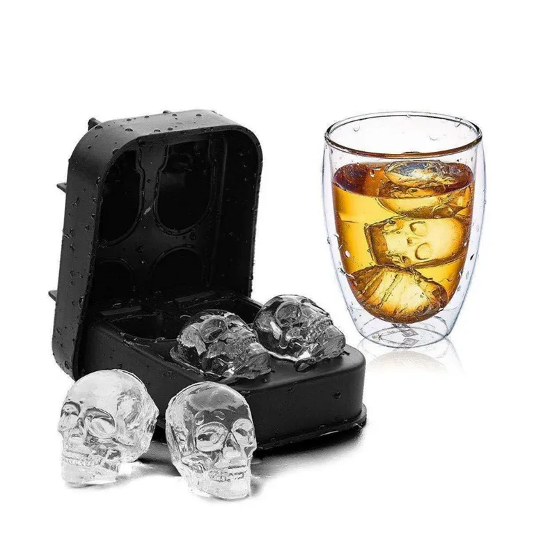 Halloween Skull Ice Cube Mold Silicone Four Cavity Whiskey Ice Maker Tray Flexible Skull Shape Chocolate Mold For Bar Party