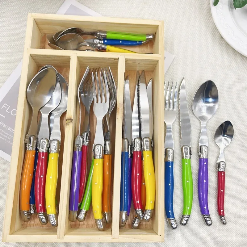 Modern Stainless Steel Flatware Flatware Set Mirror Polished Dinner Knives Forks Spoons Collection With Storage Wooden Box For Housewarming Banquet Dining Home Tableware