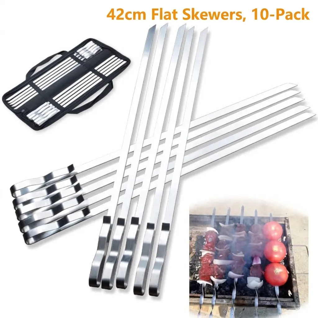 Brochettes de Barbecue en Acier Inoxydable 410 Épaissies de 42cm Aiguilles à Griller Plates Larges Brochettes de Kebab de Viande pour Barbecue en Plein Air