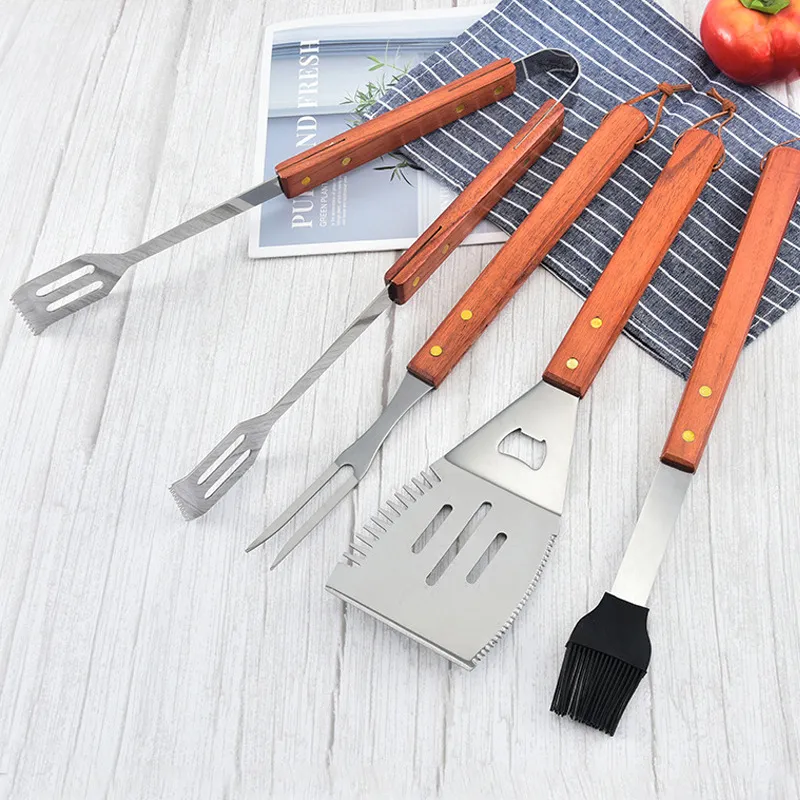 Stainless Steel BBQ Grill Spatula Fork Tongs with Wood Handle Outdoor Picnic Barbecue Cooking Tool Accessories with Bottle Opener