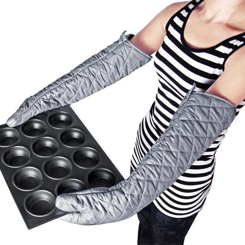 Heat Resistant Extra Long Oven Mitts Quilted Cotton Insulated Gloves For Kitchen BBQ Baking Silver Gray Protective Gear