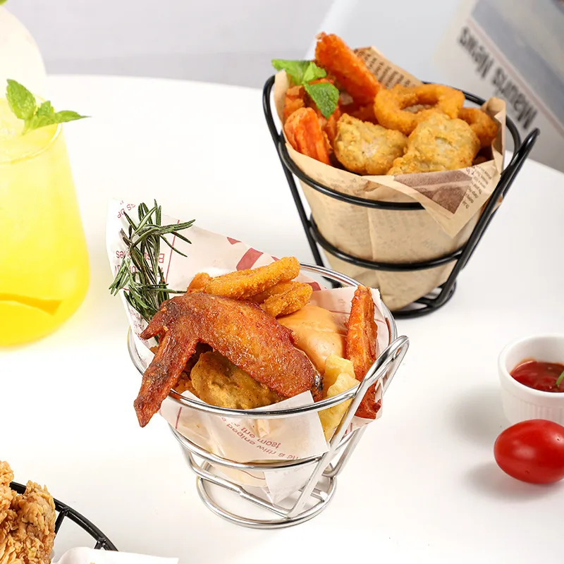 Creative Iron French Fries Basket Cone Snack Holder Metal Fried Chicken Serving Stand For Restaurant Party Tableware