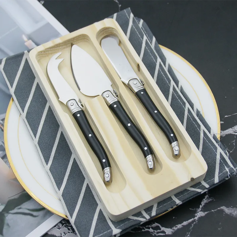 Edelstahl Laguiole Stil Käsemesser Set Schwarz Creme Farbig Butter Messer Mit Holzkiste Käse Streicher Werkzeuge