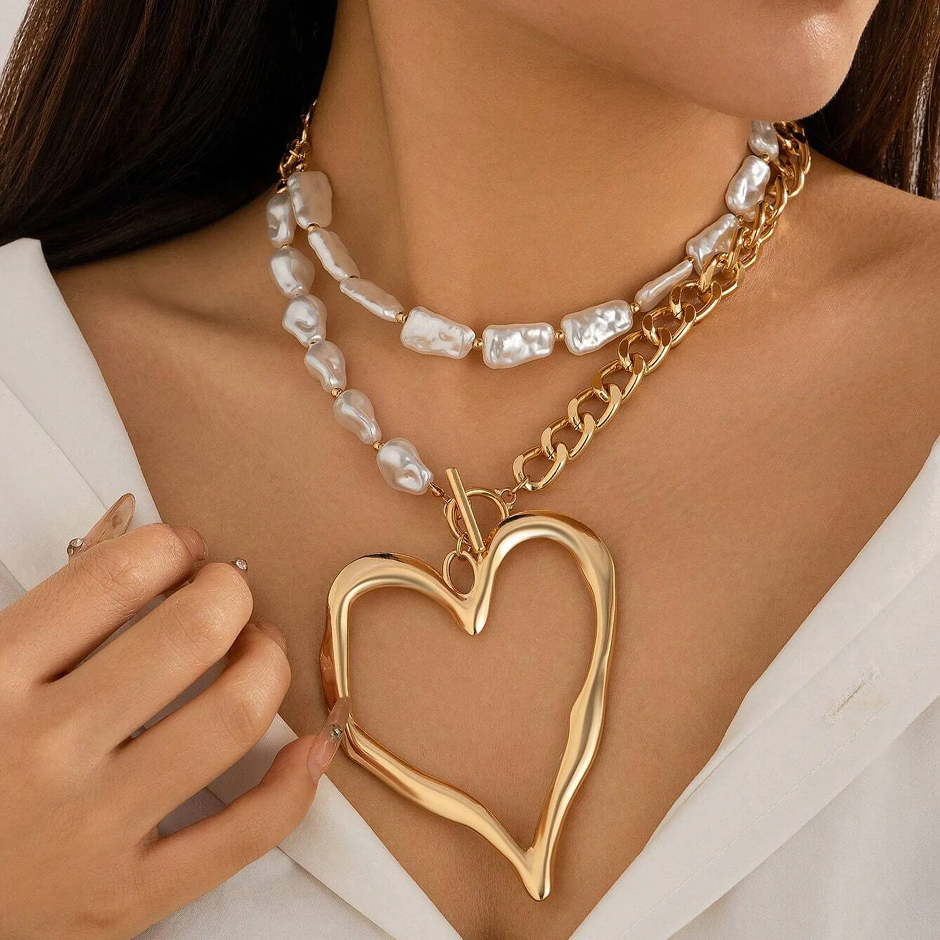 Baroque Artificial Pearl Double Layer Necklace Exaggerated Lava Heart Pendant Gold Silver Alloy Rhinestone Statement Necklace Jewelry