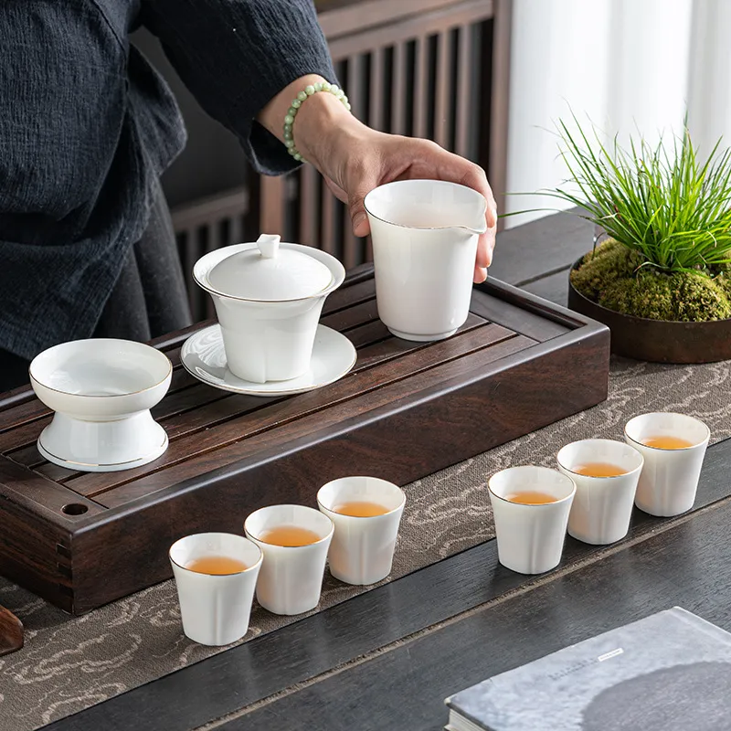 Dehua White Porcelain Suet Jade Kung Fu Tea Set With Gift Box Gold Rim Gaiwan Tea Cups Gongdao Cup Tea Strainer High-Grade Chinese Tea Set For Home Office