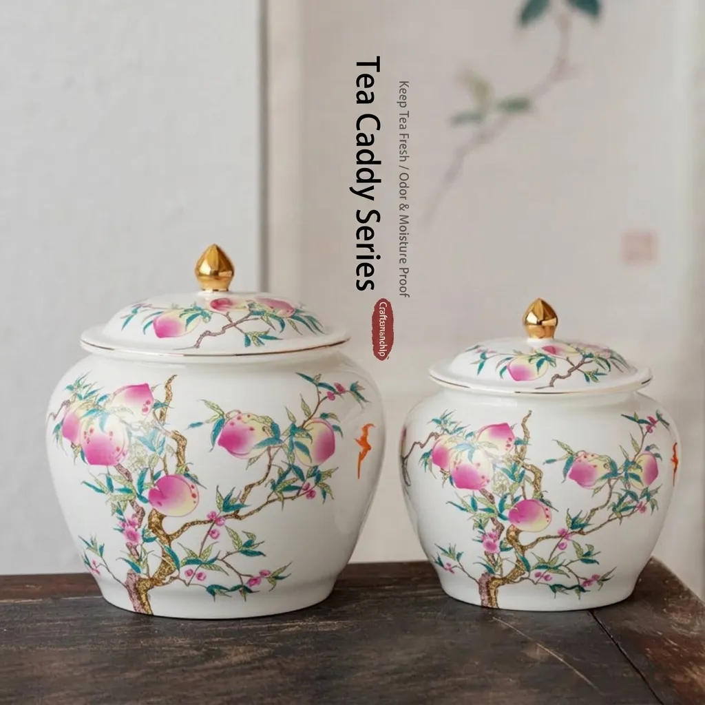 Boîte à Thé en Céramique de Style Chinois Motif Pêche Couvercle Doré Pot de Conservation Hermétique en Porcelaine Déco
