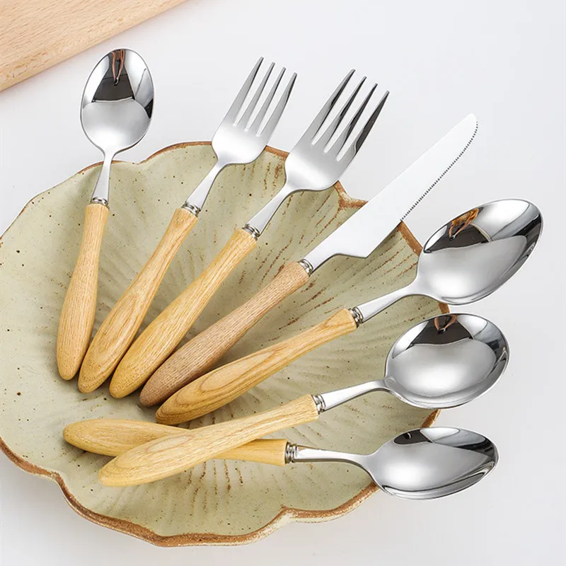 304 Stainless Steel Cutlery Set With Ash Wood Handle Mirror Polished Dinner Knife Fork Spoon Tea Spoon Western Dinnerware For Banquet Daily