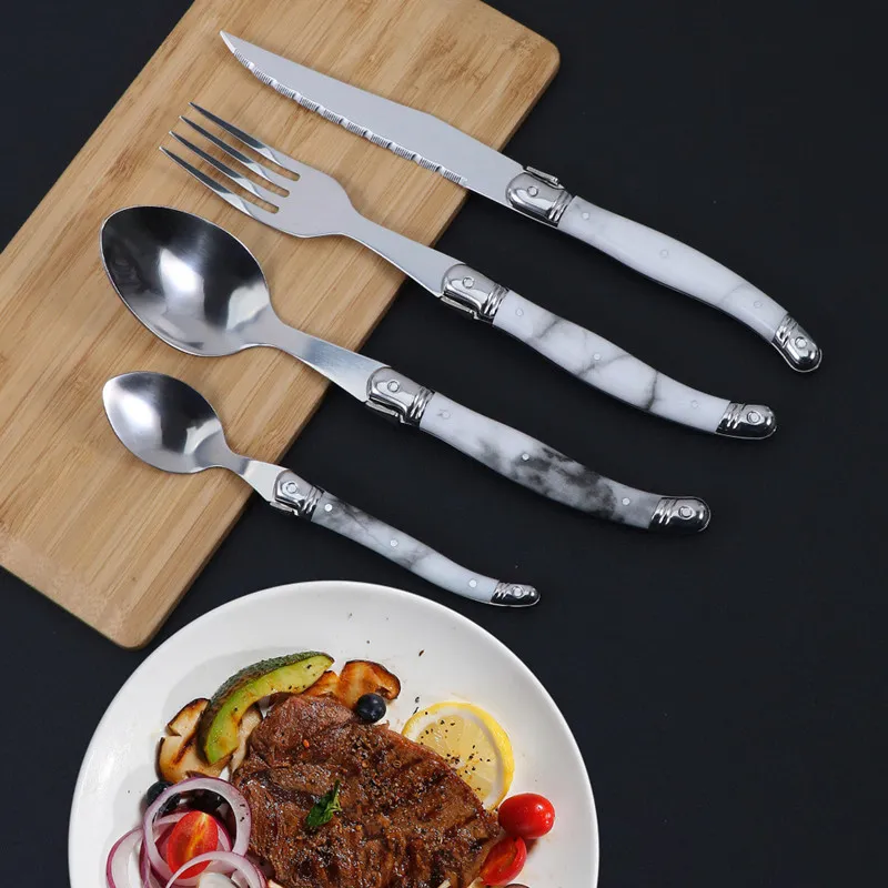 Stainless Steel Steak Knife Fork Spoon Set Marble Pattern Plastic Handle Tableware Cutlery For Dining