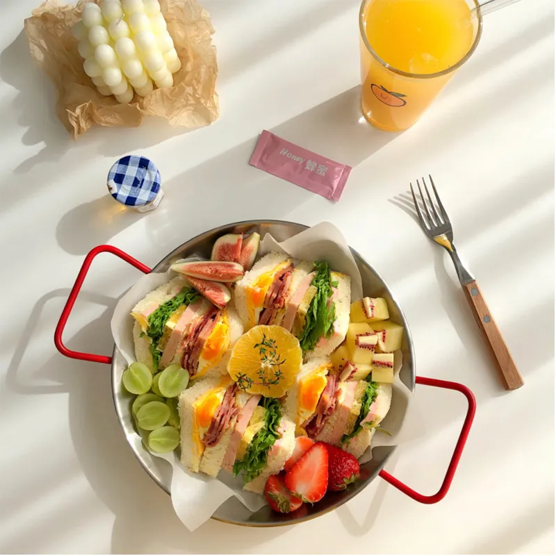 Paellera Española de Acero Inoxidable Estilo Coreano Con Doble Mango Plato de Cena Occidental Redondo Bandeja de Snacks para Hogar Picnic