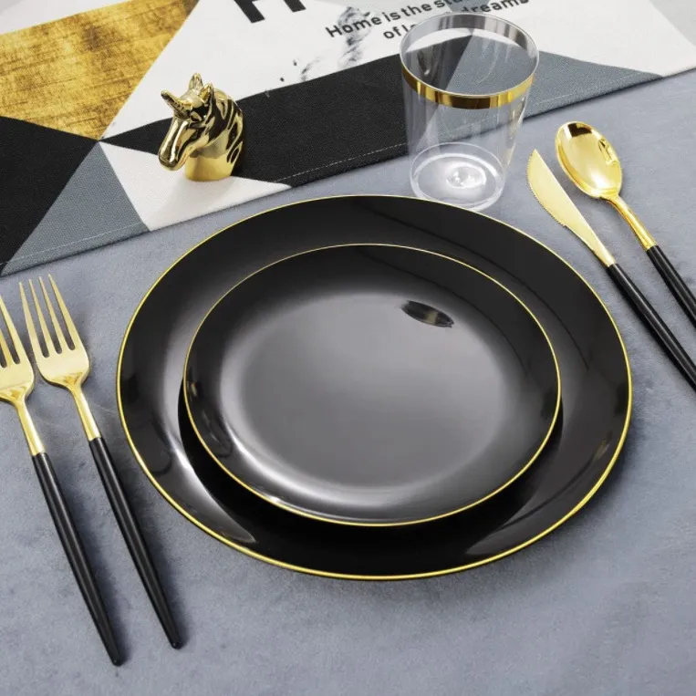 Luxus Einweggeschirr Set PS Kunststoff Goldrand Speiseteller Dessertteller Becher Messer Gabeln Löffel Für Hochzeit Party