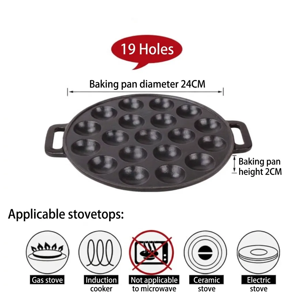 Cast Iron Takoyaki Pan Multi Hole Octopus Ball Griddle Non Stick Round Baking Mold With Dual Handles For Kitchen Cooking