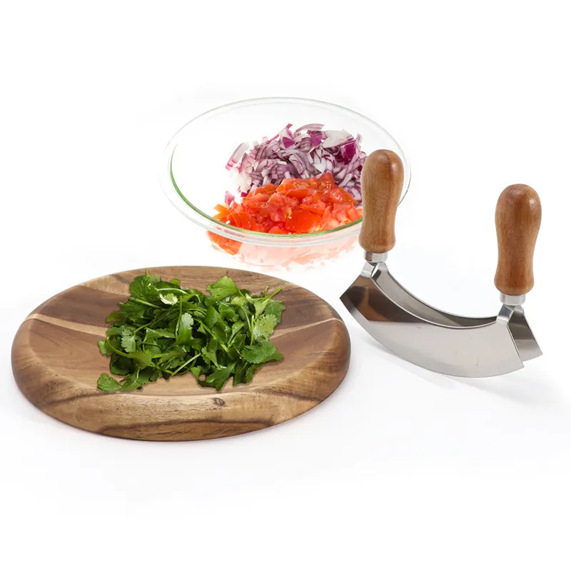 Stainless Steel Mezzaluna Herb Chopper With Acacia Wood Double Handle Curved Blade Slicing Knife And Wood Cutting Board Set