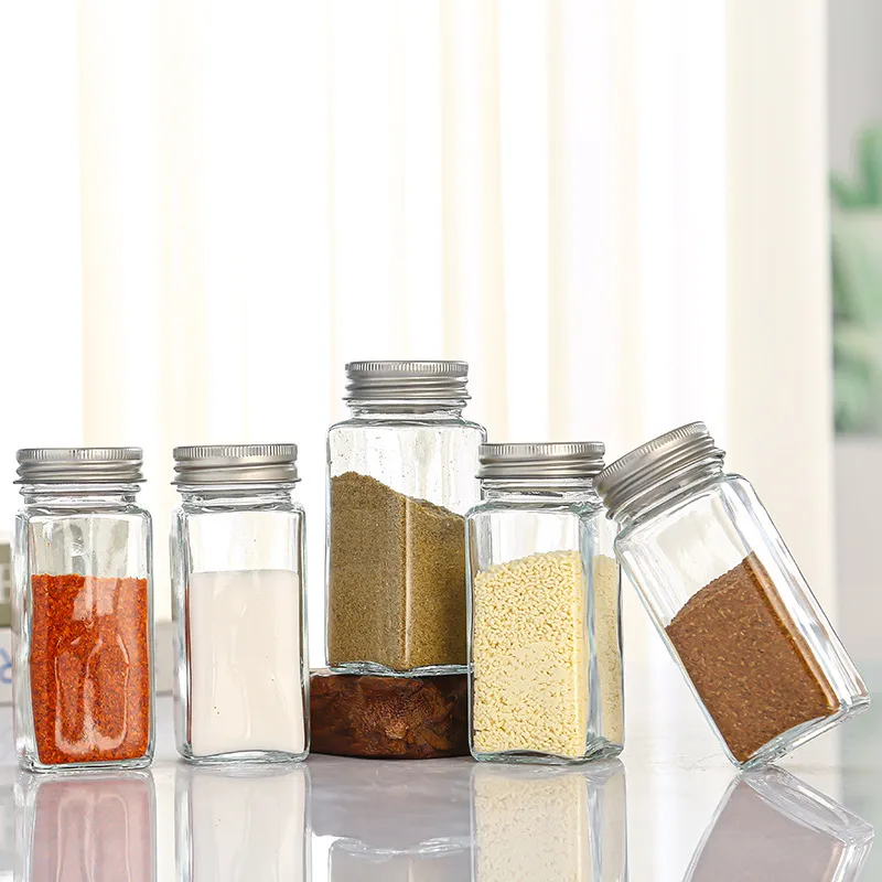 Pots à Épices Carrés en Verre 120ml Récipients d'Assaisonnement avec Couvercles en Bois Bambou Métal Bouteilles de Rangement