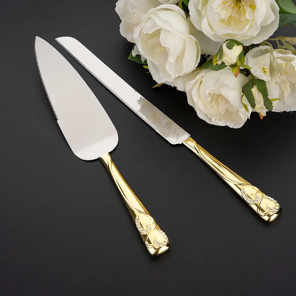 Europäischer Stil Edelstahl Kuchenmesser Heber Set Strass Herz Griff Gold Silber Hochzeit Geburtstag Brot Messer Set
