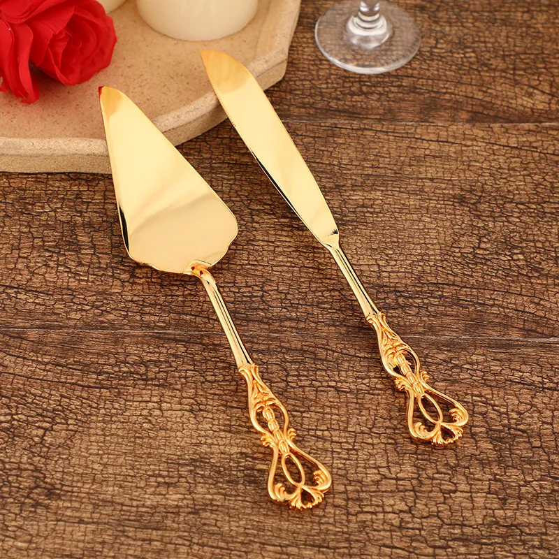 Europäisches Gold Zinklegierung Tortenheber und Messer Set Vintage Geprägt Blume Pizza Spatel Brotmesser Für Hochzeit Bankett