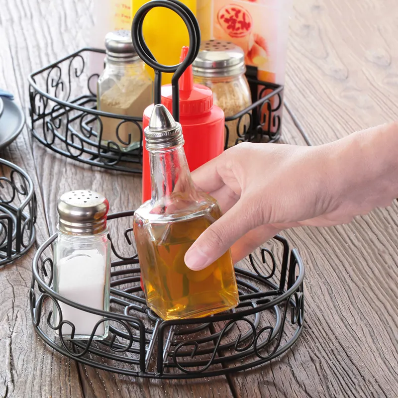 Iron Condiment Basket Spice Rack With Table Number Holder Menu Clip Restaurant Hotel Kitchen Storage Organizer Black Metal Tray