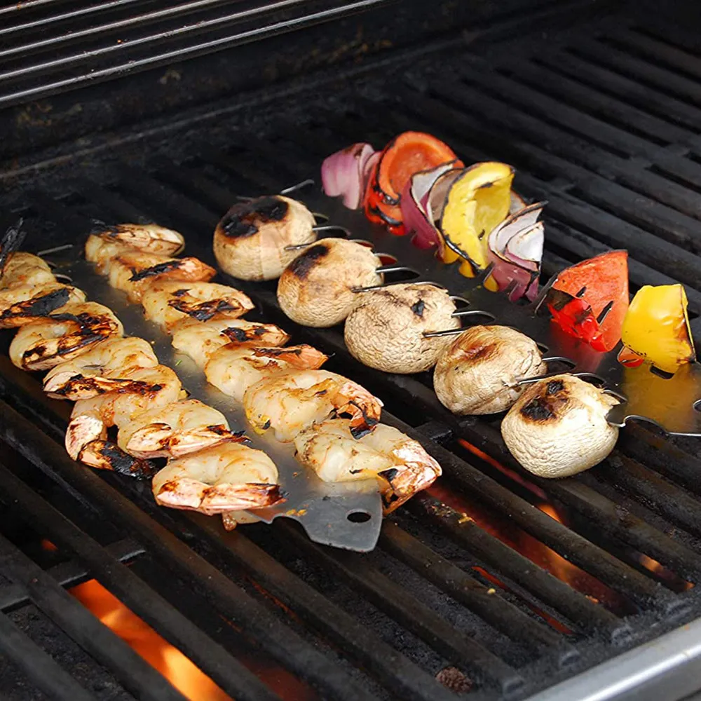 Fishbone Shaped 410 Stainless Steel BBQ Skewers Reusable Meat Roasting Grilling Fork Tools With Integrated Bottle Opener