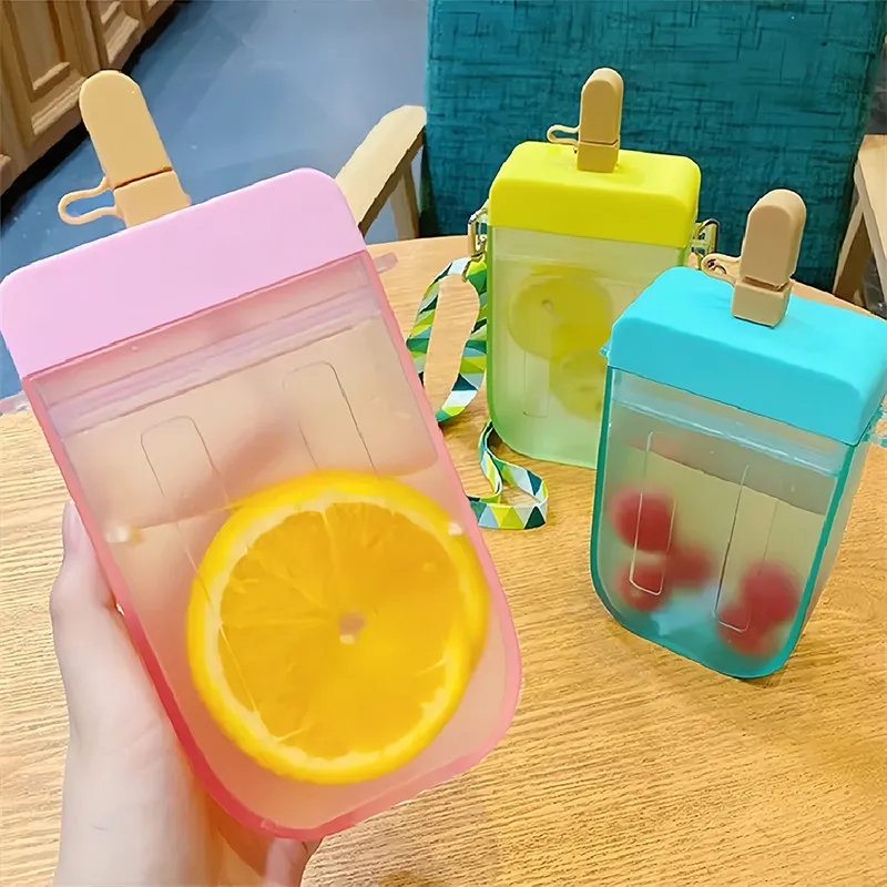 Ins Cute Ice Cream Popsicle Water Bottle PC Plastic Portable Student Straw Cup With Strap Travel Drinkware