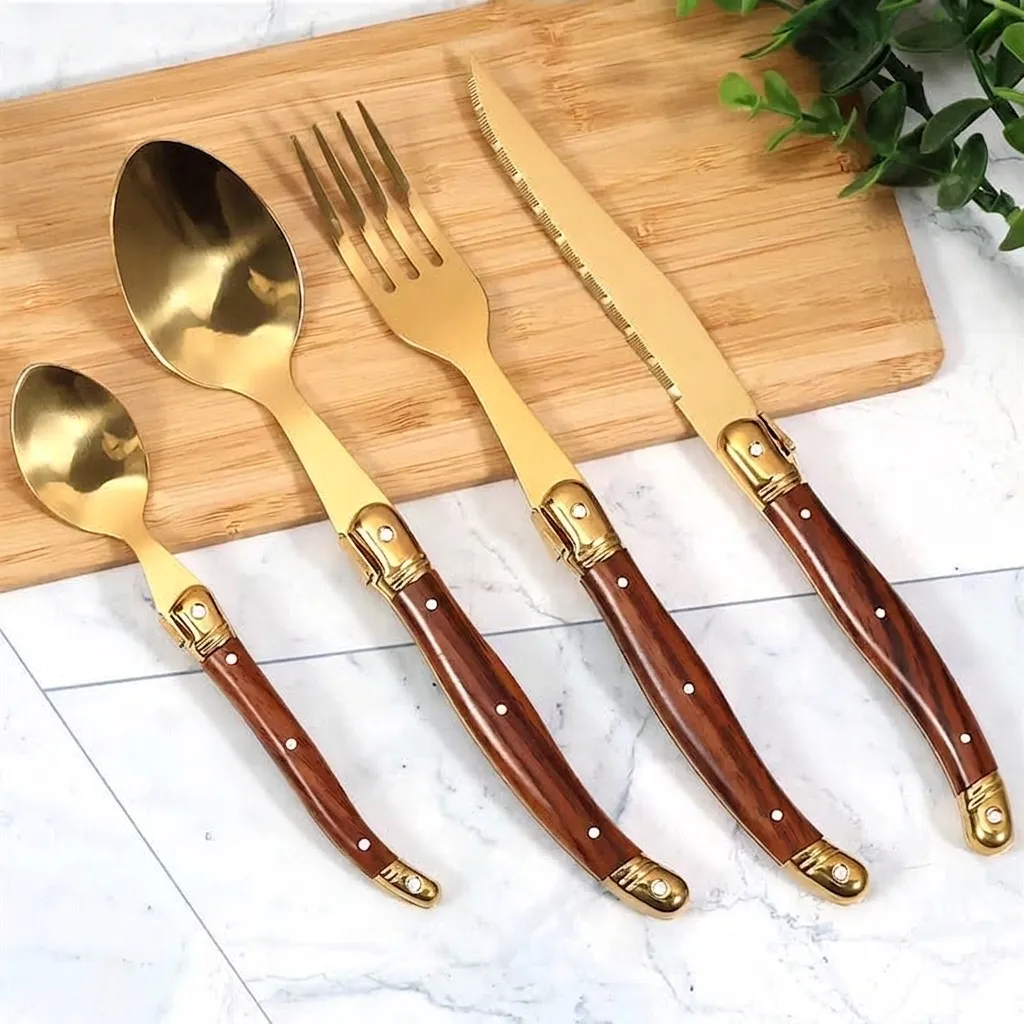 Set di Posate in Oro in Acciaio Inossidabile Stile Laguiole Con Manico in Plastica Effetto Legno Set di Stoviglie Vintage per Matrimonio Festa Tavolo da Pranzo Regalo