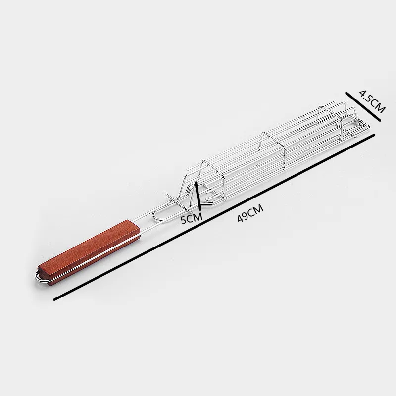 Barbecue Grill Basket With Wooden Handle Portable Sausage Hot Dog Meat Vegetable Grilling Grid Mesh For Camping BBQ Party