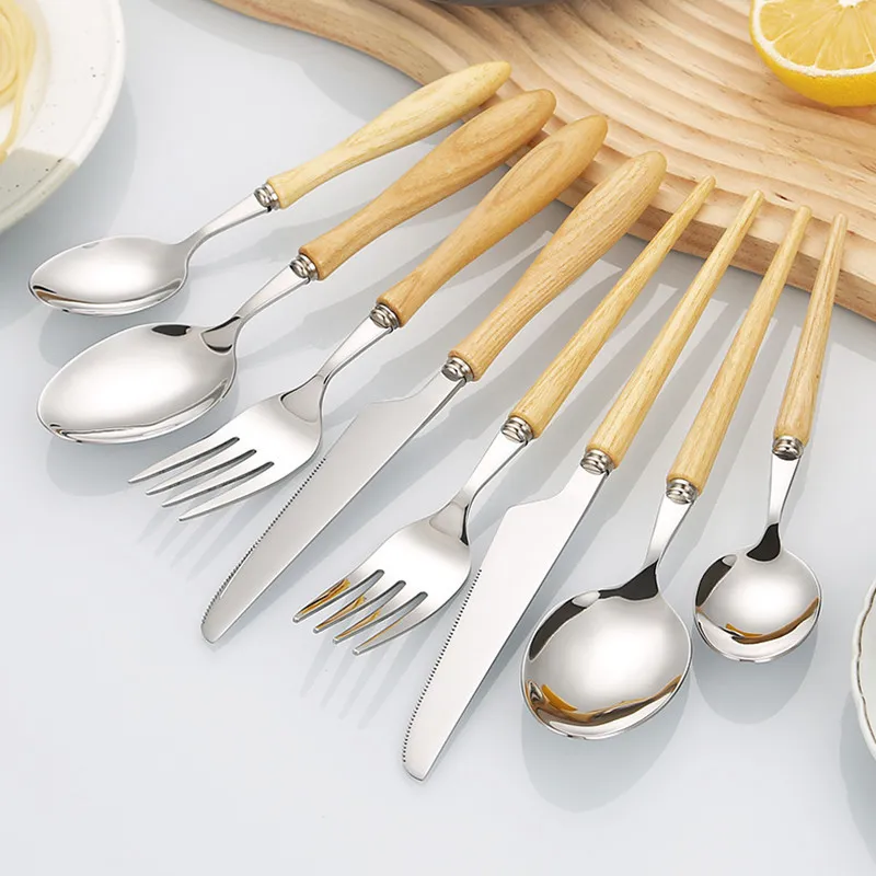Juego de Cubiertos Japoneses de Acero Inoxidable 304 Mango de Madera de Fresno Pulido Espejo Cuchillo de Filete Tenedor Cuchara
