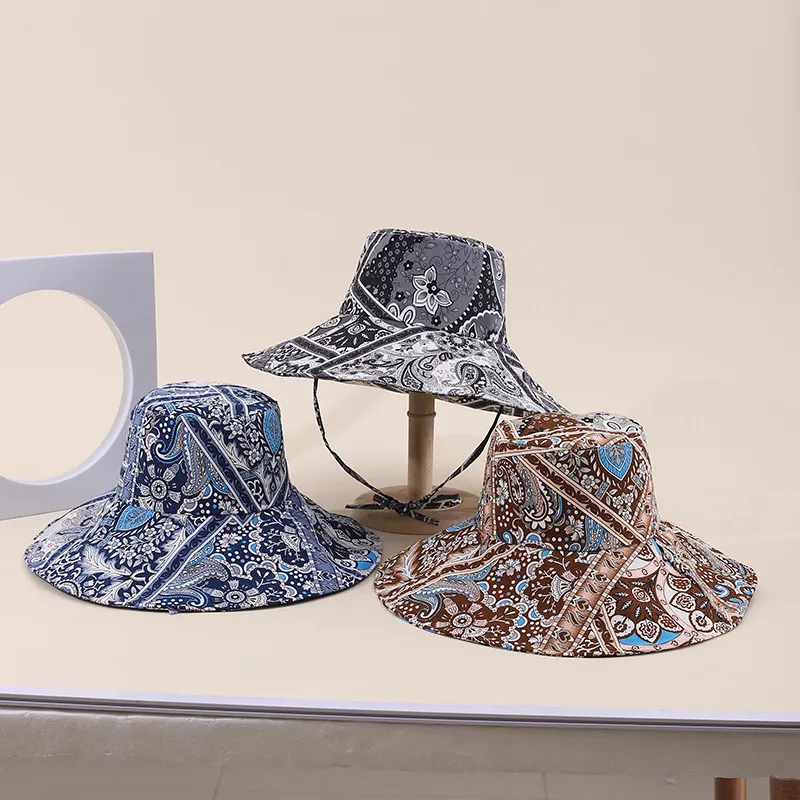 Women Wide Brim Bucket Hat Bohemian Floral Print Foldable Sun Protection Fisherman Hat With Adjustable Chin Strap Summer Travel Casual Outdoor Beach Cap