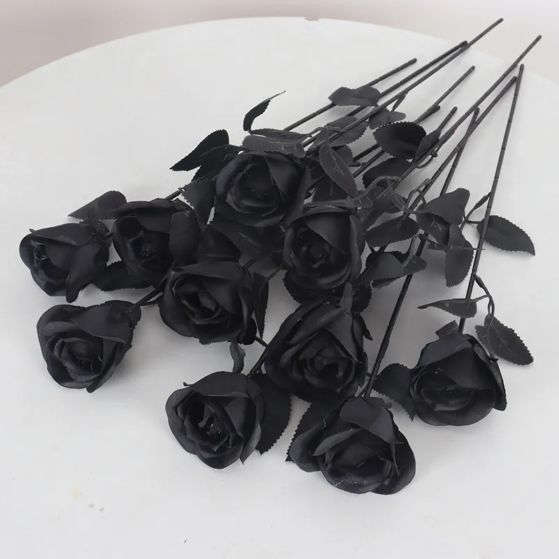 Gotische Zwarte Magie Kunstmatige Roos Enkele Steel Zijden Doek Bloem Voor Halloween Feest Decoratie Donkere Mystery Roos Huis Decoratie
