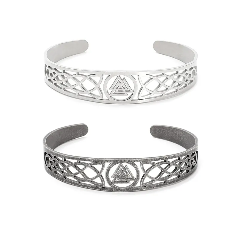 Vintage Viking Celtic Knot Titanium Steel Bangle Hollow Out Valknut Triskele Adjustable Cuff Bracelet For Men Women Personality Jewelry Gift