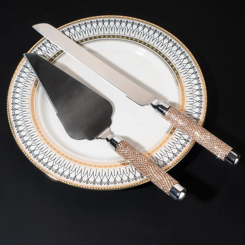 Luxury Stainless Steel Rhinestone Cake Knife and Server Set Rose Gold Mirror Polished Wedding Party Dessert Cutter