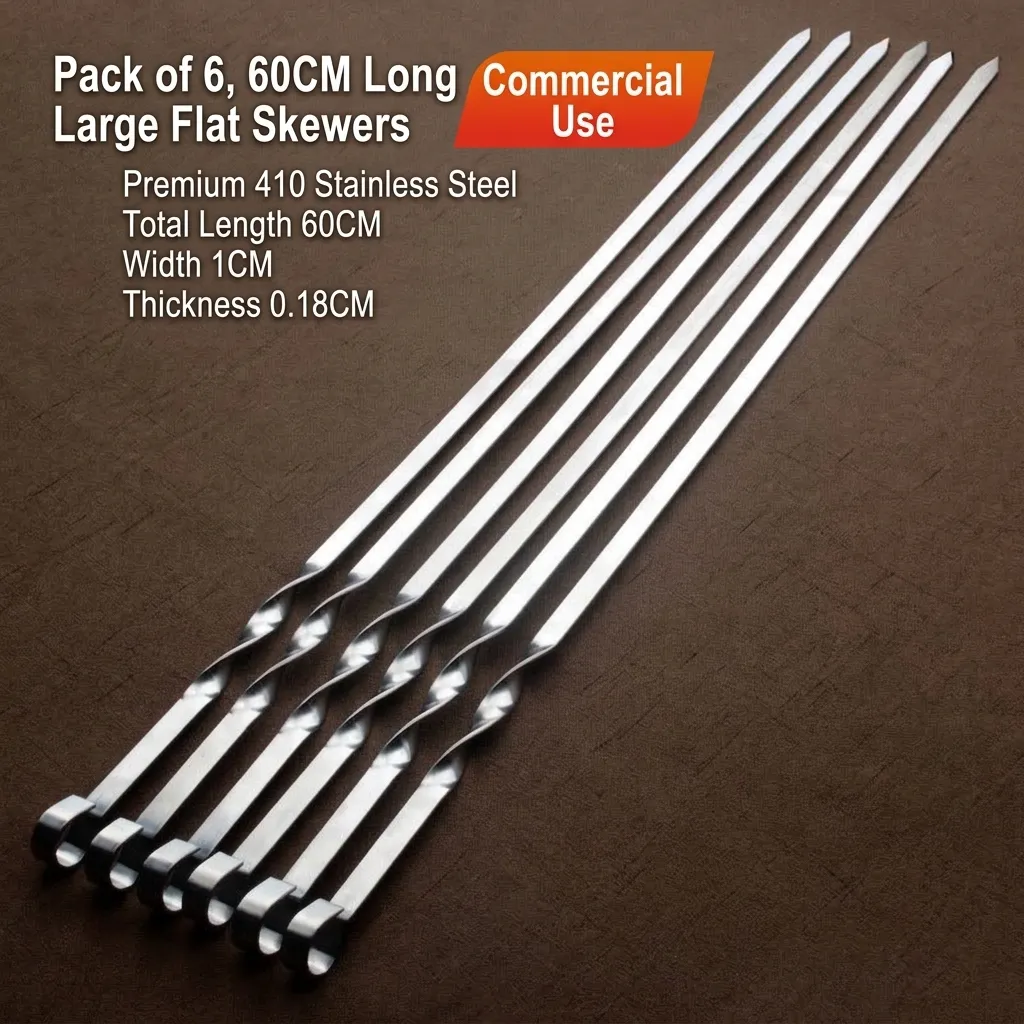 Stainless Steel BBQ Skewers Long Flat Grilling Needle Shish Kebab Grilling Sticks With Spiral Handle For Outdoor Camping Picnic Meat Vegetable Tools