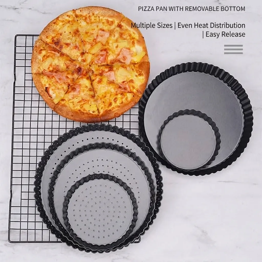 Bandeja para Pizza de Acero al Carbono Antiadherente Fondo Desmontable Molde para Tarta Rizado Redondo Bandeja de Horno Perforada