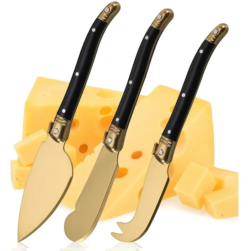 Titanbeschichtetes Gold Edelstahl Käsemesser Butterstreicher Gabelspitze Geschirr Mit Schwarzem Kunststoffgriff Zum Backen