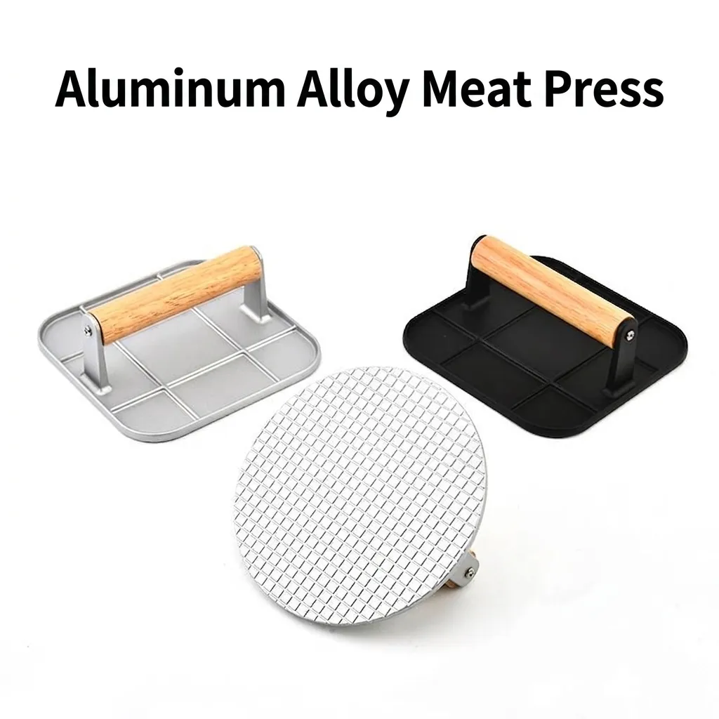 Aluminum Alloy Hamburger Meat Presser With Wood Handle Round Square Steak Press Board Grid Pattern Manual BBQ Burger Patty Maker Tool