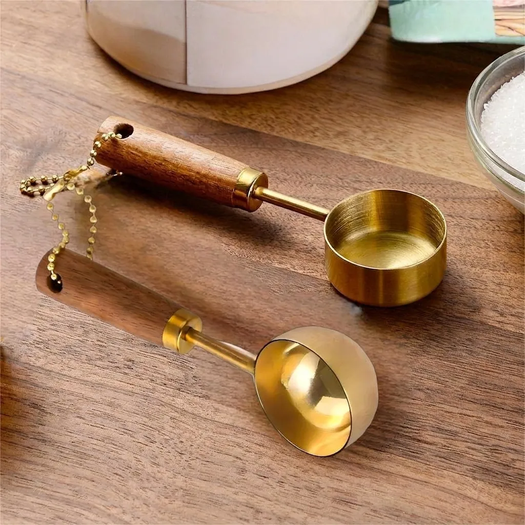 Stainless Steel Gold Plated Measuring Spoon With Wood Handle Coffee Scoop For Baking Kitchen Seasoning Tool Durable