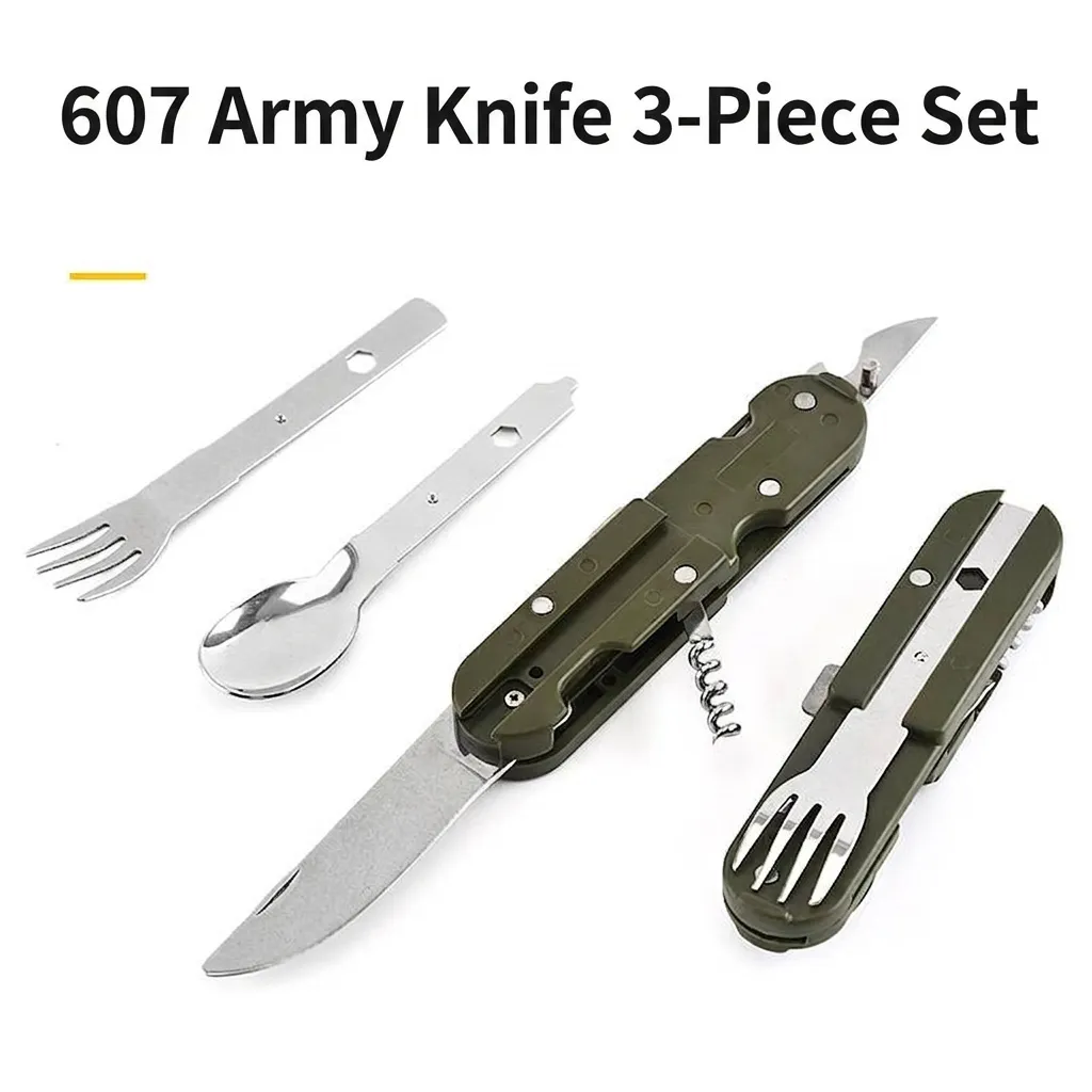 Set Posate da Campeggio Pieghevoli Portatili in Acciaio Inox Cucchiaio Forchetta Coltello Apribottiglie Rimovibili Con Borsa Verde Militare
