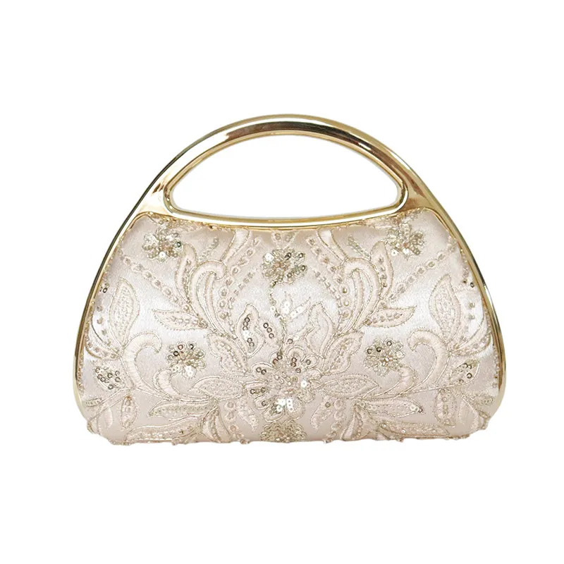 Bolso de Noche Vintage Bordado Floral Cartera de Mano de Satén Con Abalorios Y Cadena Asa de Metal Bolso de Mano Fiesta Boda Mujer