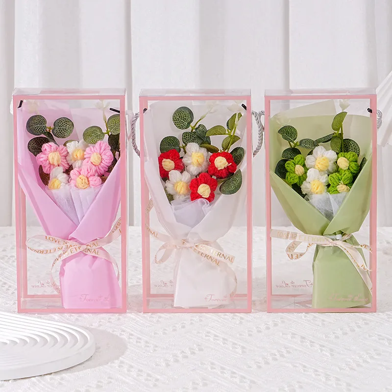 Handmade Knitted Wool Daisy Bouquet Gift Box With LED Light Eternal Artificial Flower For Valentine's Mother's Day Gift Decoration