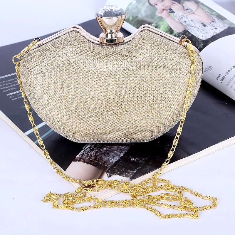 Women's Glitter Rhinestone Evening Clutch Bag Fashion Apple Shaped Crystal Buckle Party Handbag With Chain Strap