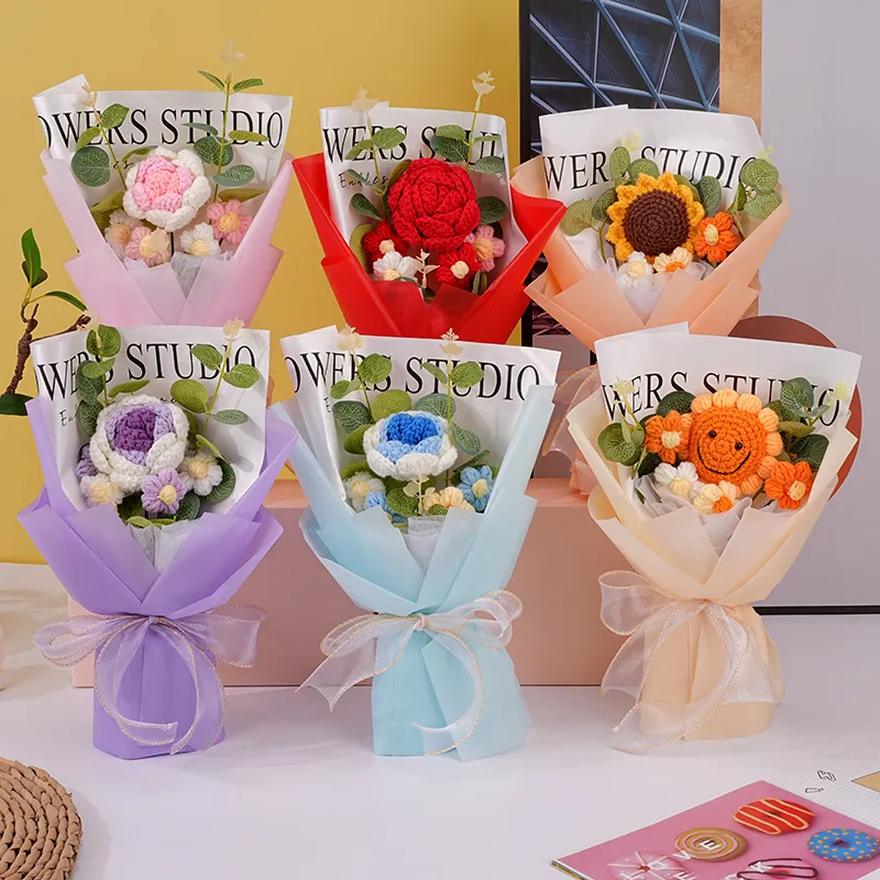 Handgemaakt Gehaakt Gebreid Boeket Kunstmatige Zonnebloem Roos Valse Bloemen Met Draagtas Wenskaart Voor Tafeldecoratie Thuis Cadeau
